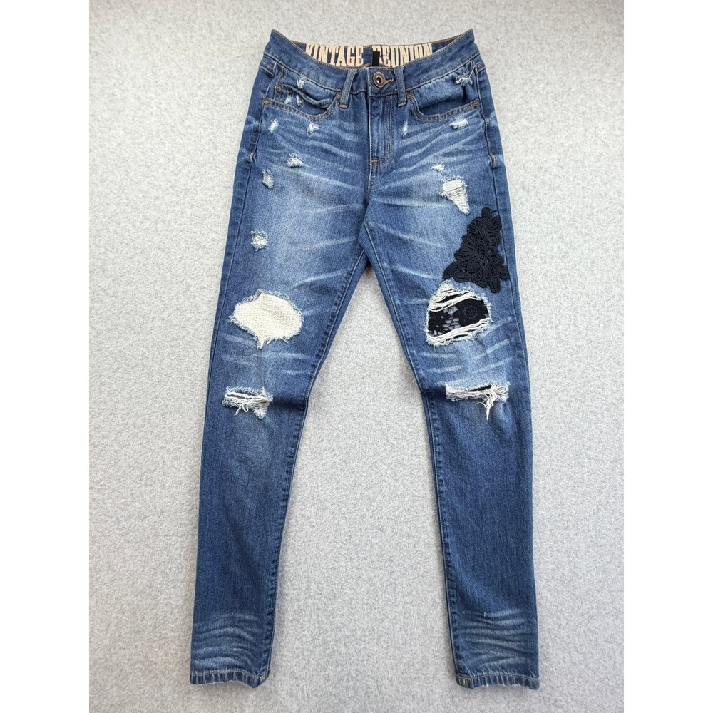Rewash Distressed Lace Patch Skinny Jeans Medium Wash Whimsy Goth Low Rise 25
